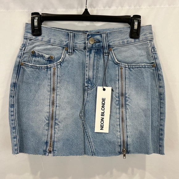 Neon Blonde Siren Zip‎ Cut Off Denim Mini Skirt in Shattered Blues - Picture 4 of 8